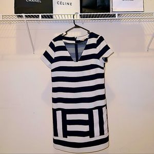 1. State Navy and White Stripe Patch Pocket Shift Mini Dress